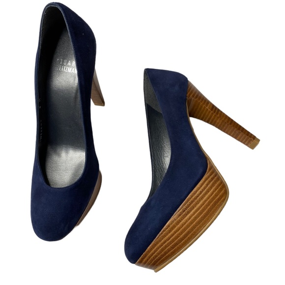 Stuart Weitzman Shoes - Stuart Weitzman Stiltspump Blue Suede Platform Stacked
Wooden High Heels Size 6